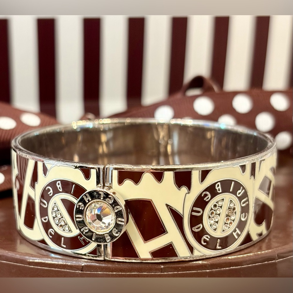HENRI BENDEL Cream and Brown Enamel Logo Bangle Cuff w/Gold Accents & Crystals - Picture 7 of 16